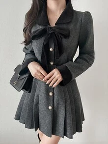 FRIFUL Women's Bow Decor Casual Daily Overcoat - Black - View 6