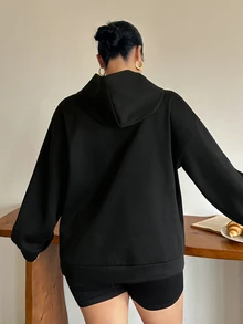 Dazy Plus Sweatshirt Hoodie Kasual Tebal Berlapis Termal, Gaya Blogger, Warna Polos Dasar Baru Musim Gugur/Dingin - Hitam - View 2