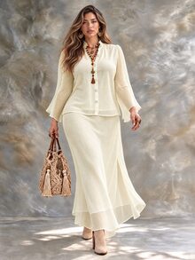 Ceyna Plus Size Women's Vintage Romantic Autumn/Winter Woven Chiffon Bell Sleeve Ruffle Collar Button-Down Blouse & Mid-Waist Long Side Slit Skirt 2 Pieces Set - Apricot - View 6
