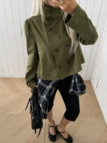 SHEIN EZwear 卡其色梭織鈕扣前襟女款風衣，適合辦公商務、秋季優雅休閒，教師節穿搭 - 軍綠色 - 查看 5