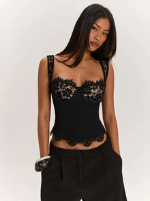 SHEIN BAE Women's Sexy Lace Patchwork Sea Blue Camisole Top - Black - View 5