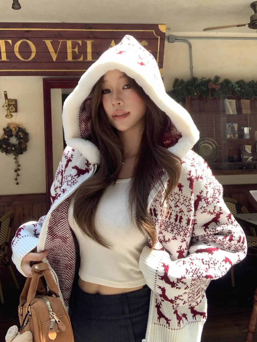 DAZY Women's All-Over Print Casual Versatile Daily Wear Hooded Cardigan - Beige - View 1