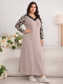 Feyla Plus Size Women's Patchwork Leopard Print Raglan Long Sleeve Lace V-Neck Elegant Knit Dress - Multicolor - View 6
