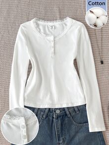 SHEIN Tween Girl Tween Girl Spring Autumn Winter Casual Elegant Lace Patchwork Button Decor Half-Open Neck Long Sleeve Slim Fit White T-Shirt, Suitable For Layering And Outdoor Wear - White - View 1