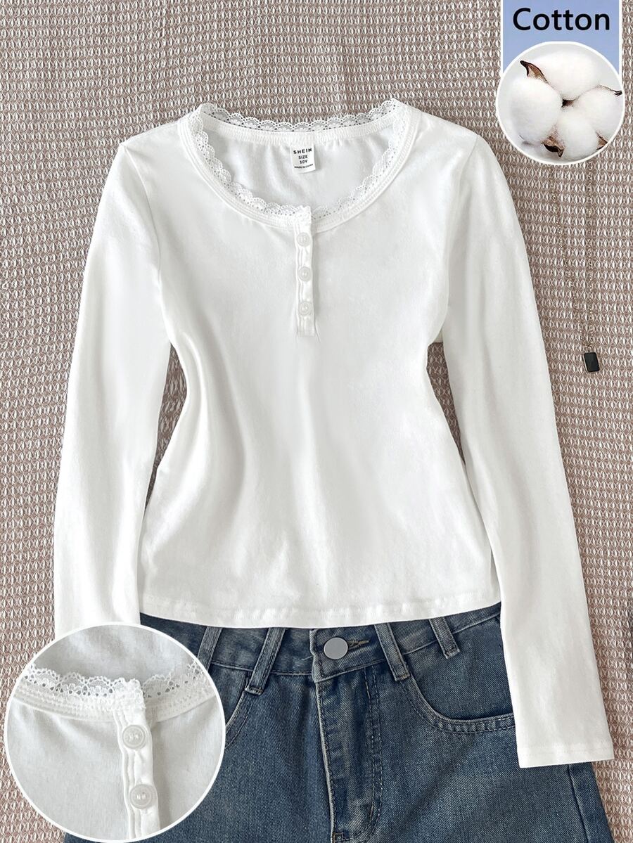 SHEIN Tween Girl Tween Girl Spring Autumn Winter Casual Elegant Lace Patchwork Button Decor Half-Open Neck Long Sleeve Slim Fit White T-Shirt, Suitable For Layering And Outdoor Wear - White - View 1