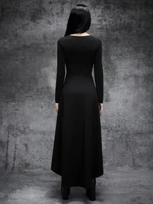 Cryptelle Autumn/Winter Black Gothic Cross Blended Fabric Asymmetrical Hem Dress, Halloween Outfit - Black - View 2