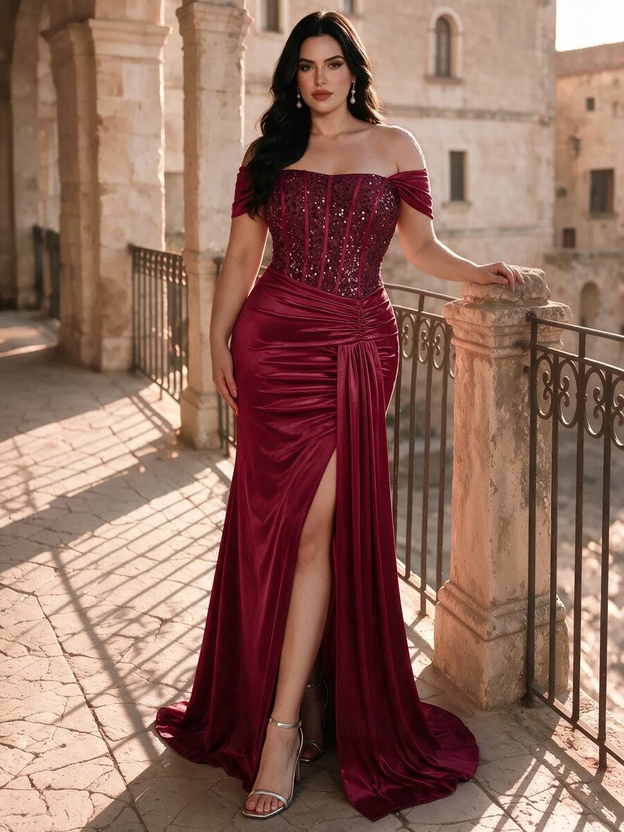 Coutiva Plus Size Women Off-Shoulder Ruched Slit Design Elegant Waist-Cinching Formal Evening Gown Dress - Burgundy - View 1