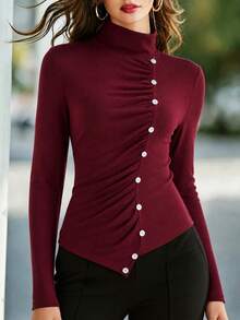 Trelyra Camiseta de cuello alto sólido con botones delanteros, cintura fruncida y ajuste ceñido - Burdeos - Ver 3