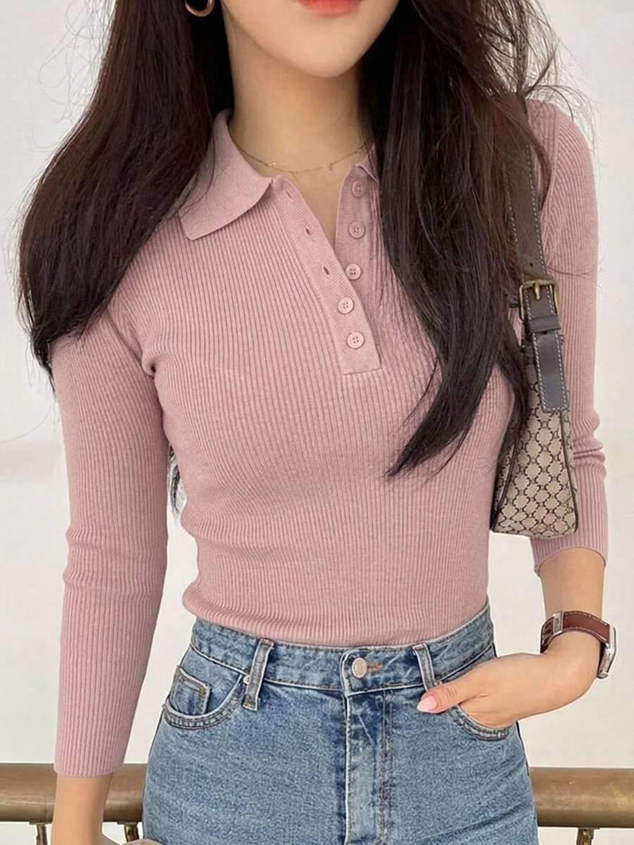 DAZY 女款純色前扣長袖休閒襯衫,適合夏季與秋季 - 粉色 - 查看 1