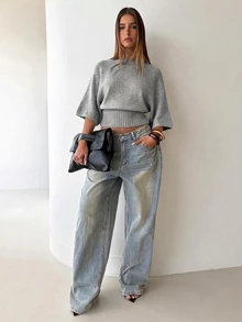 Aloruh Women's Fashion Ribbed Waist Sweater, Autumn/Winter Vacation - Light Grey - View 3