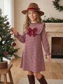Emery Rose Kids Emery Rose Kids Tween女孩可愛度假休閒杏色格紋蝴蝶結長袖寬鬆洋裝，秋季花卉洋裝，校園、返校季、校服 - 彩色 - 查看 2