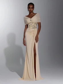 Elitara Elegant Luxury Beaded Chiffon Evening Gown With Off-Shoulder Corset Bodice And Twisted Ruched Slit Mermaid Skirt Design, Suitable For Weddings Or Formal Parties - Apricot - View 5