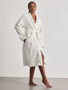 Ocili Double-Sided Wide Stripe Flannel Comfortable Minimalist Soft Robe Women's Loungewear - White - View 5
