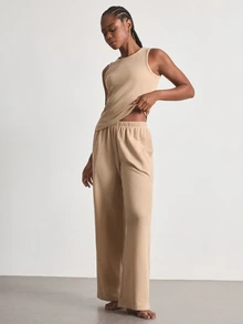 Ocili Minimalist Comfortable Casual Easy-To-Care-For Tank Top & Long Pants Pajama Set, Soft Women's Loungewear Set - Khaki - View 5