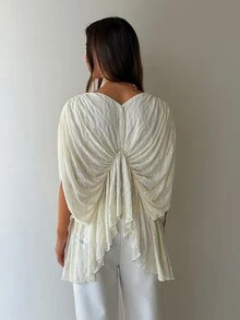 Aloruh Women's Sweet Pleated Lace Asymmetrical Hem Top - Apricot - View 6