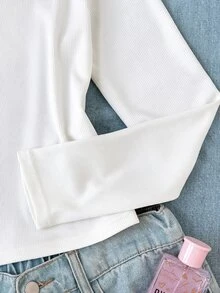 SHEIN Tween少女羅紋圓領彈性修身百搭簡約長袖T恤，舒適穿著 - 白色 - 查看 6