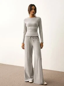 ATUI Studio Women's Solid Color Long Sleeve Top And Drawstring Waist Pants 2 Pieces Set - Light Grey - View 4