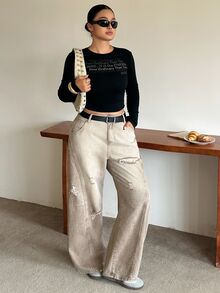 Dazy Plus Vintage slitna löst sittande jeans med revor i koreansk streetstyle, för alla säsonger - Brun - Visa 4