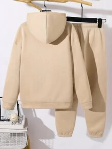 SHEIN 兒童青少年男孩休閒運動嘻哈風卡其色連帽衛衣與慢跑褲套裝，適合秋冬、學校、家庭聚會、度假派對，秋季穿搭，冬季穿搭，男孩套裝 - 卡其色 - 查看 4