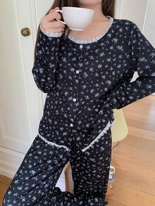 DAZY Women's Ditsy Floral Long Sleeve Single-Breasted Top And Pants Pajama Set - Navy Blue - View 4