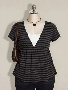 SHEIN ICON 女款大尺碼復古性感千禧風Y2K簡約休閒日常通勤街頭風黑灰條紋深V領二合一上衣 - 棕色 - 查看 6