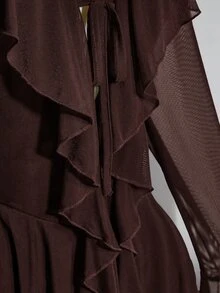 SHEIN ICON 大尺碼復古性感休閒 Y2K 都市現代時尚 個性優雅通勤派對夜會 荷葉邊緞帶喇叭袖黑色網紗洋裝 秋季 - 棕色 - 查看 8