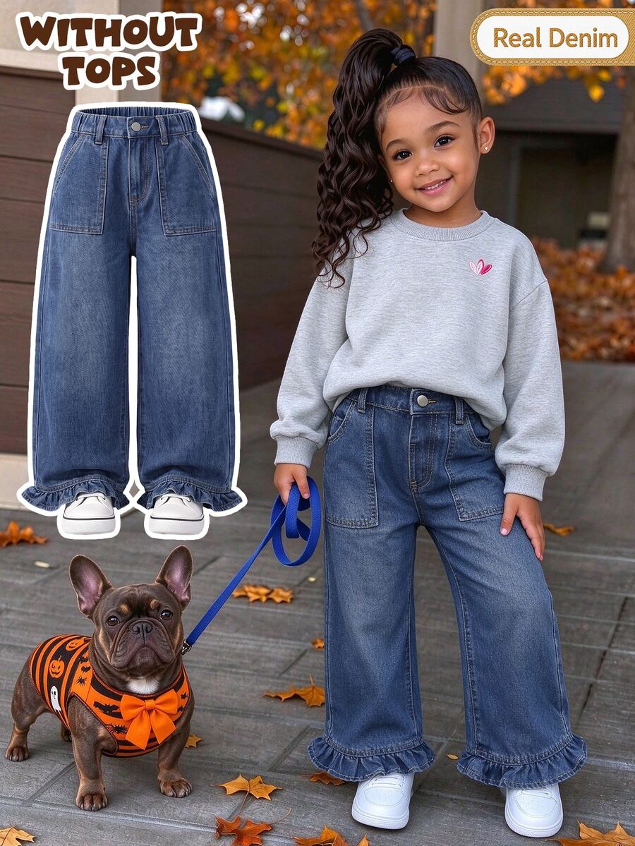 SHEIN Girls' Ruffle Hem Wide Leg Denim Jeans, Cute High Waist Patch Pocket Jeans, Casual Loose Straight Leg Cargo Pants, Campus Style - Dark Wash - View 1