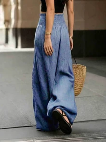 SHEIN LUNE Plus Size Women's Linen Waistband Elastic Abstract Print Fashion Casual Comfortable Loose Versatile Pants Fall - Blue - View 2