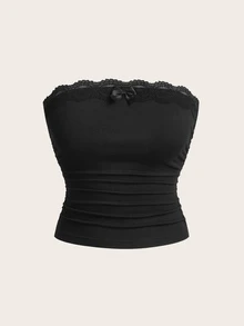 SHEIN EZwear 女款休閒修身抹胸上衣，蕾絲飾邊上衣，蝴蝶結上衣，Y2K穿搭 - 黑色 - 查看 1
