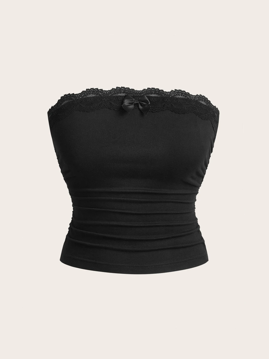 SHEIN EZwear 女款休閒修身抹胸上衣,蕾絲飾邊上衣,蝴蝶結上衣,Y2K穿搭 - 黑色 - 查看 1