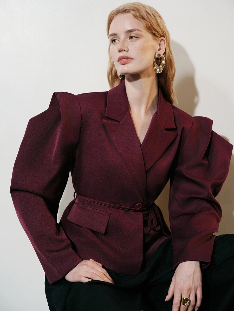 Aveloria Modichic European & American Casual Commute Oversized Wide Shoulder Structured Tailored Cinched Waist Waist Blazer Jacket For Women, Mix & Match Versatile - Burgundy - View 1