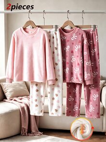 2pcs/Set Baby Girl Pink Long Sleeve Top And Cartoon Heart Print Pants, Winter Flannel Pajama Set, Girls Home Wear Set With Fuzzy Pattern Print, 2 Pieces Pajama Set - Multicolor - View 4