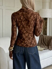 SHEIN EZwear 女款全印花休閒百搭日常長袖T恤 - 棕色 - 查看 2