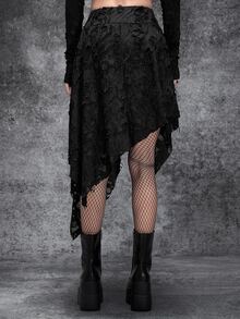 Cryptelle Rok Rajut Tekstur Gothic Hitam Wanita dengan Hem Asimetris dan Rumbai, Pakaian Halloween Musim Gugur/Dingin - Hitam - View 2