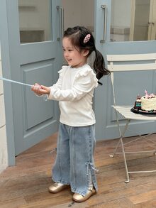 DAZY Infant (Girl) Ruffle Trim Patchwork Long Sleeve Korean Style Solid Color Top - White - View 7