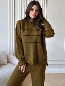 Firerie 女款棕色條紋針織毛衣套裝，長袖圓領寬鬆上衣與長褲套裝，優雅休閒日常穿搭，適合秋冬春季衣著 - 咖啡棕 - 查看 4
