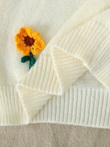 SHEIN 青少年女孩秋冬優雅可愛奶油多巴胺黃3D向日葵提花套頭毛衣與百褶裙套裝，適合日常穿著與秋冬外出 - 黃色 - 查看 6