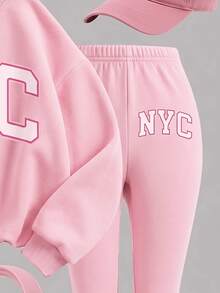 粉色極簡百搭 NYC 字母印花女童休閒抓絨圓領套頭衛衣與內搭褲 2 件套，新款適合秋冬日常、外出、校園、運動，隨性時髦美式街頭甜酷風 - 白色 - 查看 6