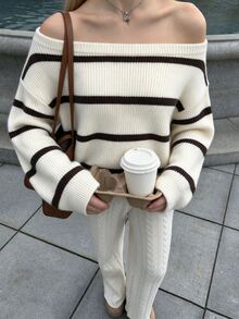 Flirla Women's Autumn/Winter Casual Ribbed Ribbed Asymmetrical Shoulder Loose Knit Sweater - Multicolor - View 4