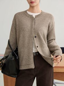 Dazy-Less Autumn/Winter Coffee Brown Round Neck Button Cable Knit Long Sleeve Slim Fit Ribbed Cardigan For Women - Coffee Brown - View 6