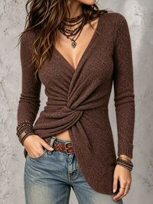 SHEIN Raffinéa Women's All-Match Minimalist Fashion Versatile Twisted Rope V-Neck Slim Fit Brown Long Sleeve Sweater - Brown - View 3
