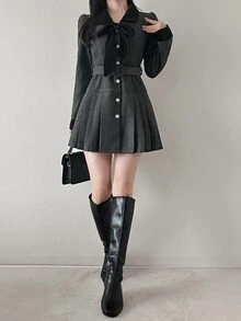 FRIFUL Women's Bow Decor Casual Daily Overcoat - Black - View 3