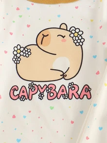 Young Girl Capybara Pattern (Multi-Color Heart & Polka Dot Print) 2 Pieces Pajama Set, Contrast Trim Crew Neck Long Sleeve Top With Long Pants, Slim Fit Tight, Random 4 Sets Send 1 Set - Beige - View 4