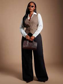 Radiana Plus Button Front Vest Blazer Without Blouse - Brown - View 2