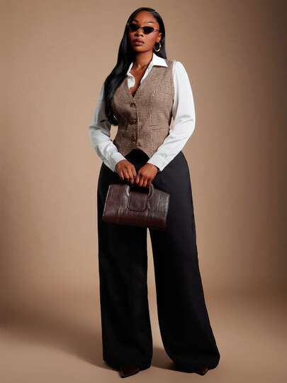 Radiana Plus Button Front Vest Blazer Without Blouse