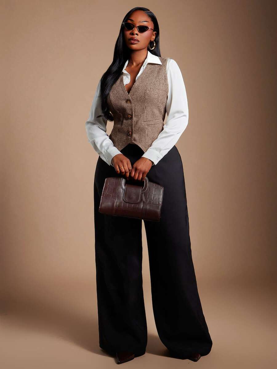 Radiana Plus Button Front Vest Blazer Without Blouse - Brown - View 1