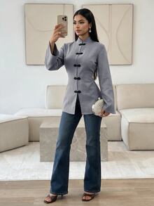 Veilorie 女款純色青蛙鈕扣設計長袖阿拉伯風上衣 - 藍色 - 查看 5