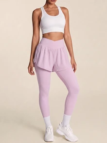 SHEIN BAE Women's Solid Color Pleated Casual Daily Travel Sports Tight Leggings - Baby Pink - View 5