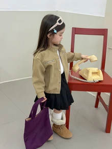 DAZY Infant/Toddler (Girl) PU Korean Style Long Sleeve Autumn/Winter Versatile Solid Color Jacket - Coffee Brown - View 7