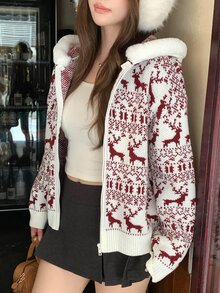 DAZY Women's All-Over Print Casual Versatile Daily Wear Hooded Cardigan - Beige - View 8